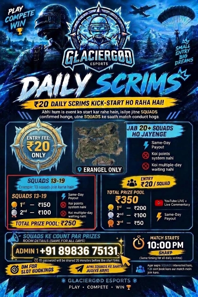 GlacierGod Esports ₹20 Daily Scrims Poster
