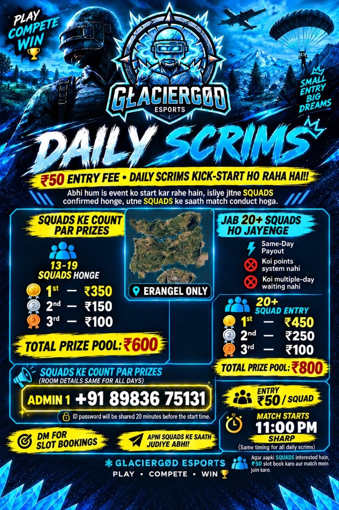 GlacierGod Esports ₹50 Daily Scrims Poster